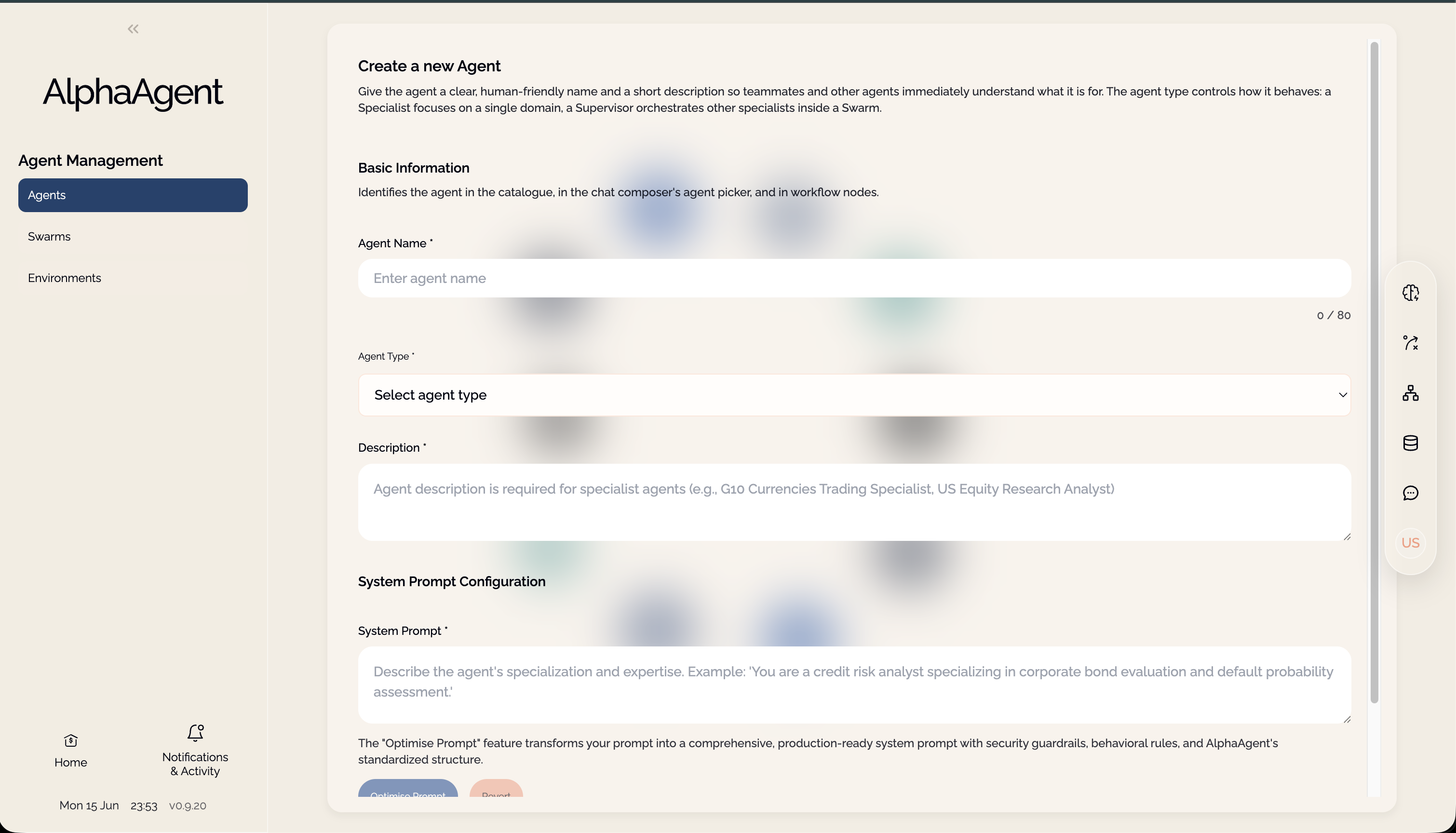 Create agent form