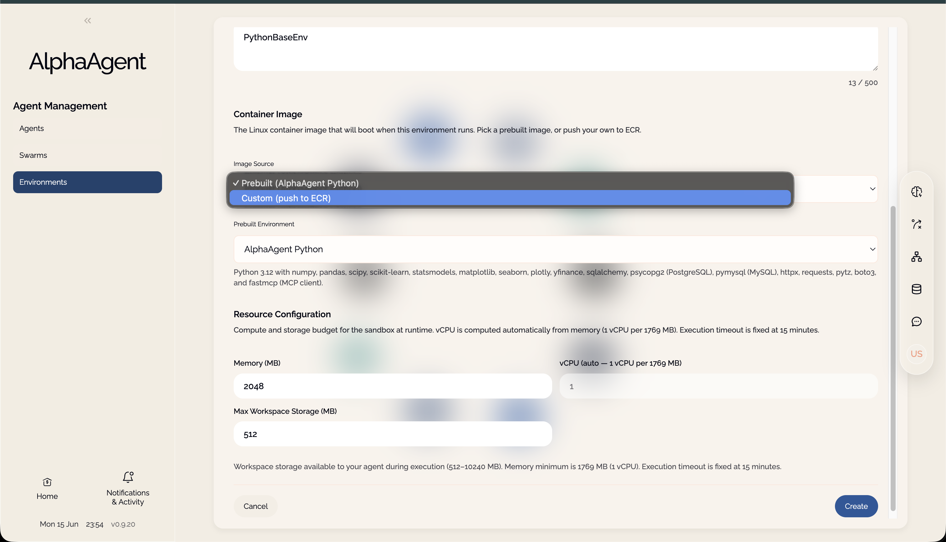Create execution environment form